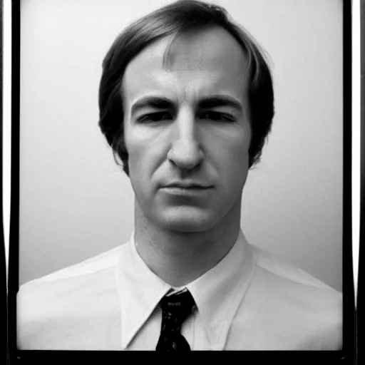 Image similar to Mugshot Portrait of Young Saul Goodman, taken in the 1970s, photo taken on a 1970s polaroid camera, grainy, real life, hyperrealistic, ultra realistic, realistic, highly detailed, epic, HD quality, 8k resolution, body and headshot, film still, front facing, front view, headshot and bodyshot, detailed face, very detailed face