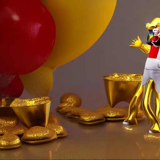 Image similar to A still of Ronald McDonald surrounded by gold and diamonds, Award-winning, photograph, 3d render, unreal engine, 4k detailed