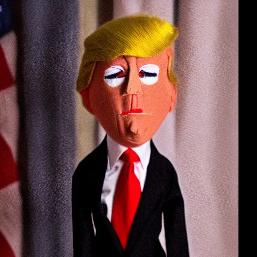 Prompt: photo of trump as a cloth puppet in a dark room with a soft light on her head, realistic cloth puppet, intricate detail, photorealistic, highly detailed, cinematic atmosphere, dramatic