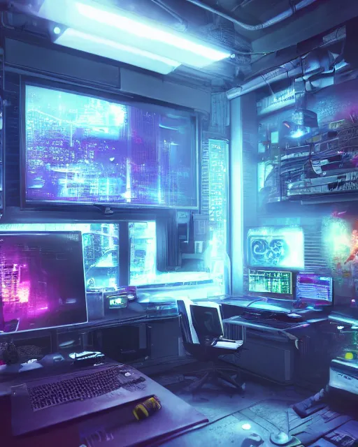 Prompt: artstation cyberpunk scifi scene of a complex computer workstation in a small studio apartment room, many monitors, many electronics, a window view, very detailed, maximalism, ambient occlusion, volumetric light, atmospheric haze, unreal engine, hyper realism, realistic shading, cinematic composition, realistic render, octane render, detailed textures, photorealistic, wide shot