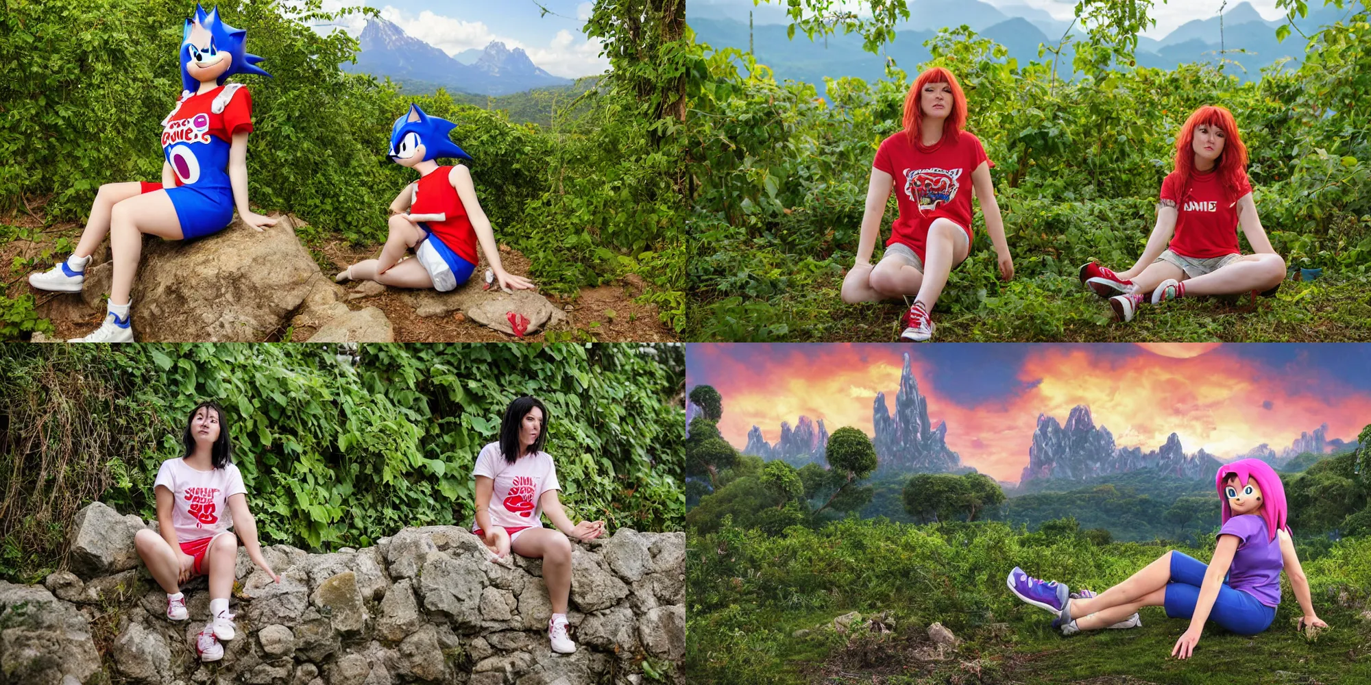 Prompt: low angle fish lens shot of Amy Rose from Sonic wearing a summer shirt and shorts, sitting down in a casual pose with one knee raised up, her foot sticking out, looking at the camera, with overgrown marble ruins in the background covered in vines and vegetation, with snowy mountain range along the skyline, in the style of William de Leftwich Dodge, sunset lighting, chillwave, photorealistic, highly detailed