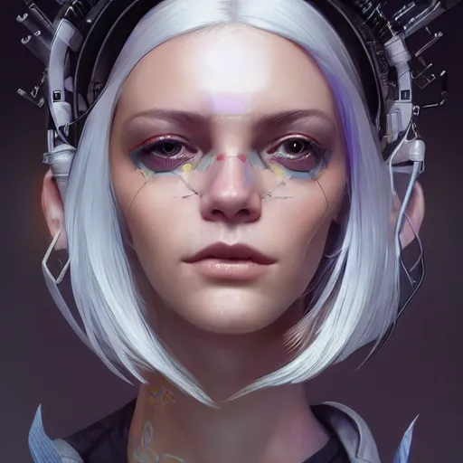 Prompt: symmetry! a detailed close up portrait of a young cyberpunk woman with silver hair, unreal engine, fantasy art by greg rutkowski, loish, rhads, ferdinand knab, makoto shinkai and lois van baarle, ilya kuvshinov, rossdraws, tom bagshaw, caustic lighting, detailed and intricate environment