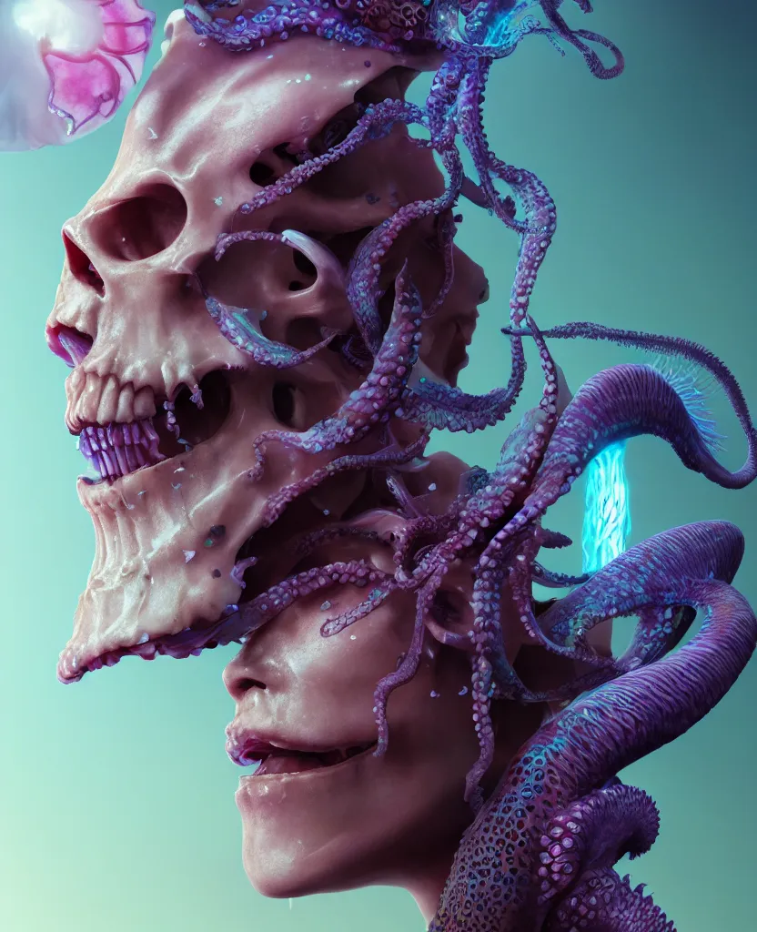 Image similar to goddess close - up portrait human skull, ram skull, squid phoenix jellyfish, orchid, betta fish, bioluminiscent, intricate artwork by tooth wu and wlop and beeple. octane render, trending on artstation, greg rutkowski very coherent symmetrical artwork. cinematic, hyper realism, high detail, octane render, 8 k