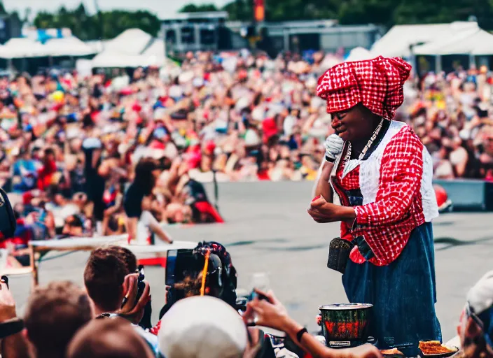 Image similar to photo still of aunt jemima in period attire at vans warped tour!!!!!!!! at age 4 0 years old 4 0 years of age!!!!!!! on stage throwing pancakes to the crowd, 8 k, 8 5 mm f 1. 8, studio lighting, rim light, right side key light