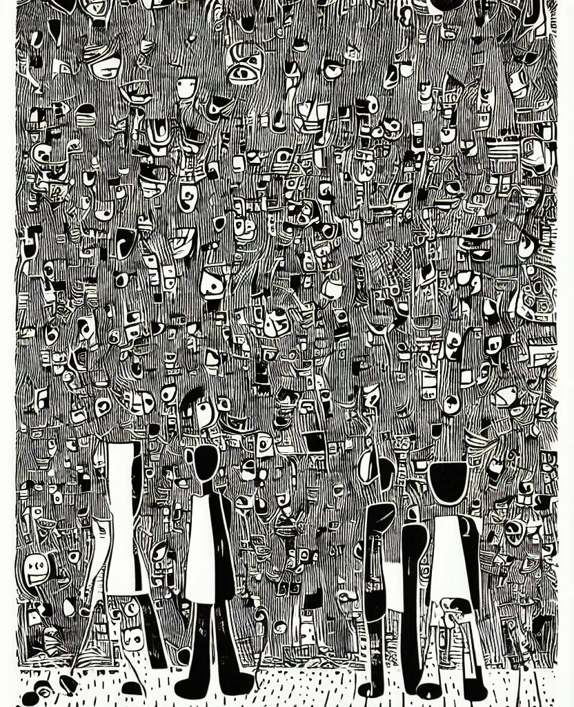 Image similar to a drawing of two people standing next to each other, a screenprint by michael deforge, featured on pixiv, orphism, concert poster, woodcut, poster art