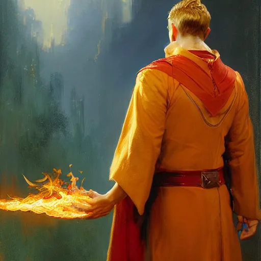 Image similar to young man using fire magic, wearing mages robes, back view, short blond hair, highly detailed painting by gaston bussiere, craig mullins, j. c. leyendecker 8 k