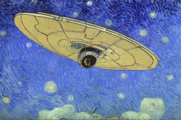 Prompt: detailed oil painting of an Imperial Shuttle spacecraft flying away from earth by Vincent van Gogh