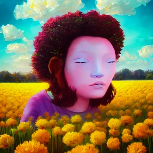 Image similar to giant carnation flower face, girl in a flower field, surreal photography, sunrise dramatic light, impressionist painting, colorful clouds, digital painting, artstation, simon stalenhag, flower face
