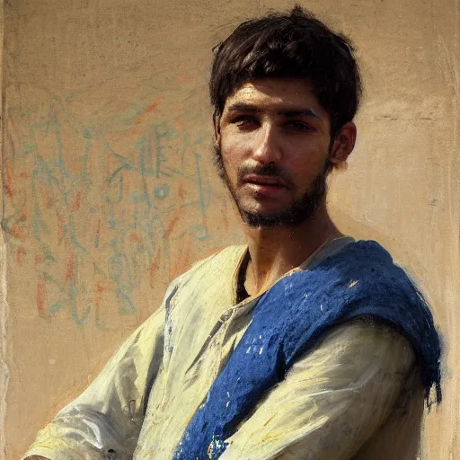 Prompt: Solomon Joseph Solomon and Richard Schmid and Jeremy Lipking Middle eastern genre painting portrait painting of a 17 year old handsome Mediterranean skinned man in colorful ancient Canaanite tunic, field background