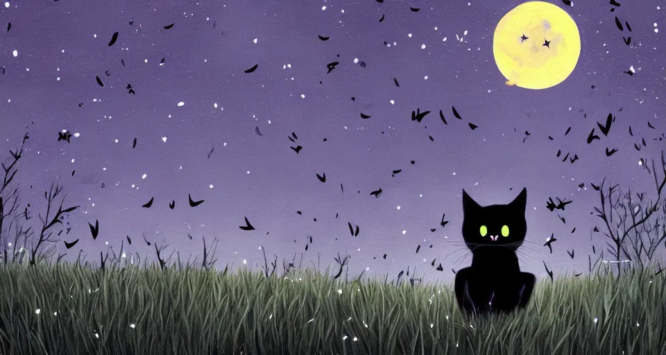 Image similar to black cat with glowing eyes walking around in a dark open field at midnight with fireflies in the air and lots of stars in the sky, digital painting, highly detailed, magical, trending on artstation