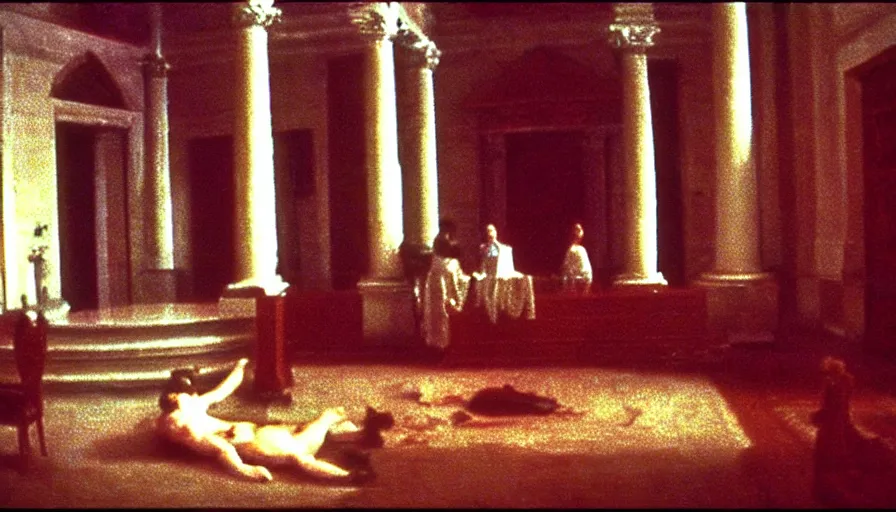 Prompt: mini dv camera footage of caligula slaughtered by a man in a neoclassical room, photograph, very low quality, high detailled