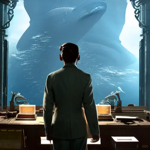 Image similar to a highly detailed cinematic photo from a live - action bioshock movie. andrew ryan, portrayed by evan peters, is shown standing in a 1 9 3 0's office with a large desk in front of an immense floor - to - ceiling window looking out into the underwater city of rapture. sea life including a blue whale is shown outside of the window