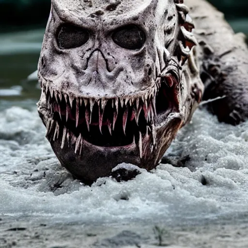 Prompt: a horrific creature, monster, mutant, slavering jaws, teeth like broken shards of bone, empty eye sockets, filthy matted fur, crawls through a muddy river