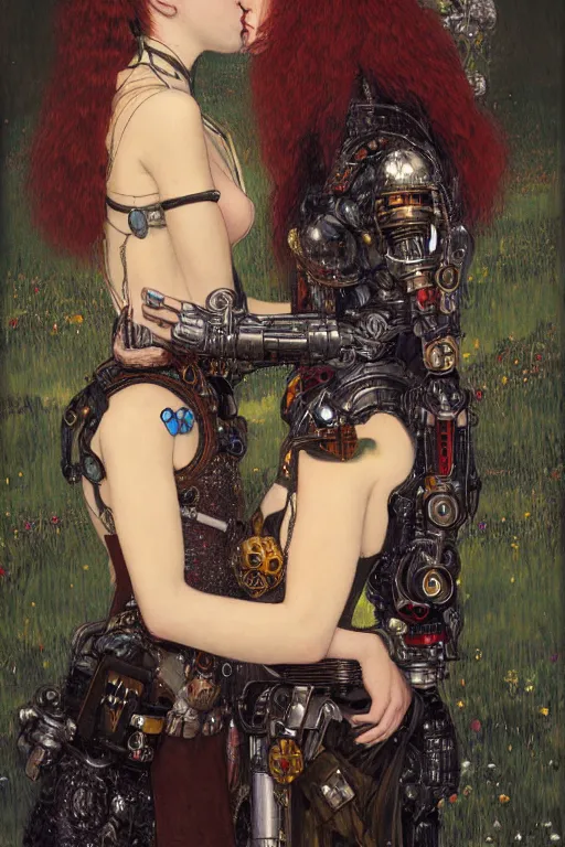 Image similar to portrait of two beautiful young gothic cyborg maidens kissing, cyberpunk, Warhammer, highly detailed, artstation, illustration, art by Gustav Klimt