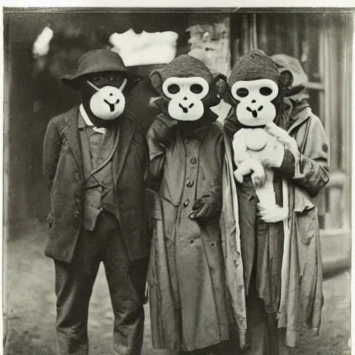 Prompt: portrait of people wearing monkey masks, photograph, style of atget, 1 9 1 0, creepy, dark