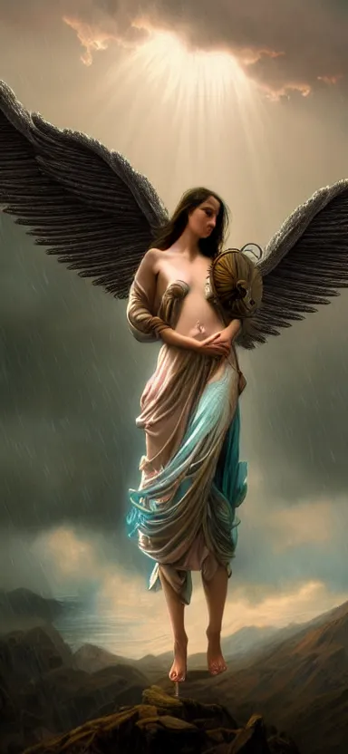 Image similar to steampunk angel, big wings, argentina, hudson river school, max rive, full plate armor with cloth, f 1 6, bokeh, gentle, female, snowy mountain, storm clouds, god rays, landscape, d & d, fantasy, elegant, teal pink white gold color palette, concept art, roger deakins and greg rutkowski and alphonse mucha