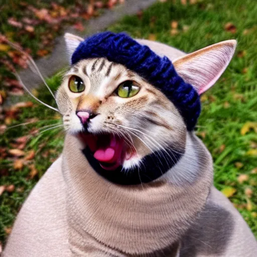 Prompt: cute cat with tongue photo wearing wool hat doing mlem cat ears