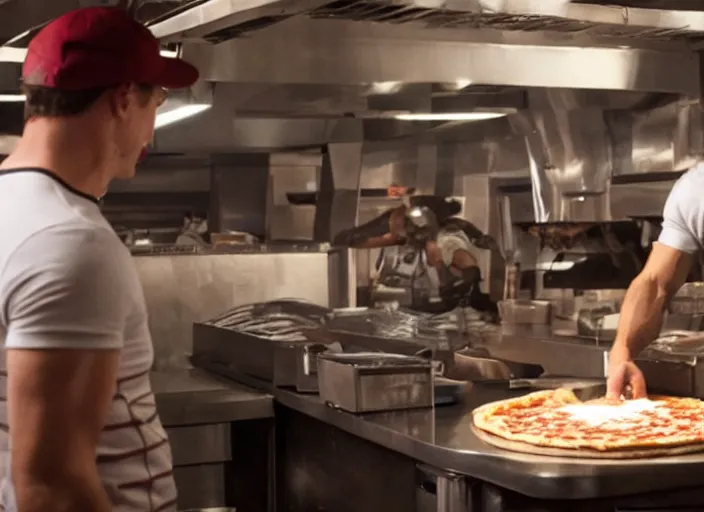 Image similar to film still of Ironman working in a pizza parlor making pizza in the new Avengers movie, 4k