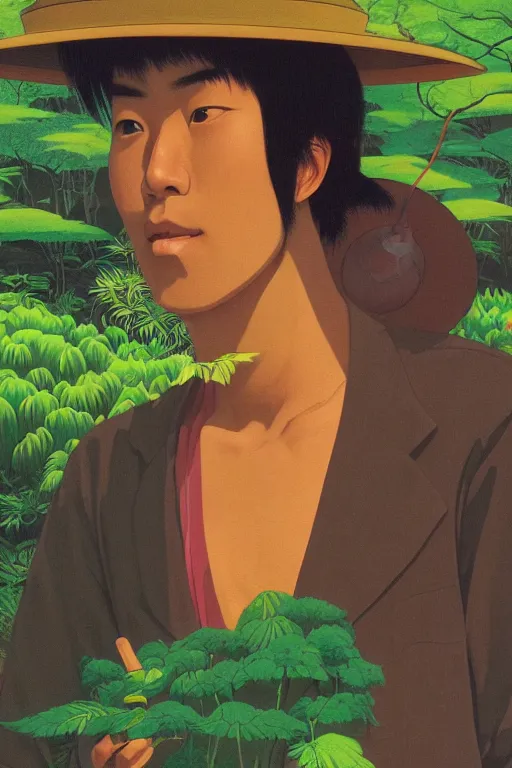 Image similar to a closeup portrait of a young japanese man taking mind altering drugs, a blotter paper of lsd acid and dreaming psychedelic hallucinations in the vast green landscapes of the amazon jungle, by kawase hasui, moebius, edward hopper, colorful flat surreal design, hd, 8 k, artstation