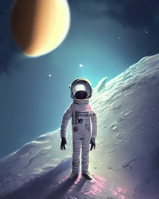Image similar to alone of ethereal intricate cosmonaut lie relaxed on a crescent moon between the stars and the planets in outer space, cosmonaut post grunge concept art,high detail,4k, trending on artstation by Guillaume Menuel, josan gonzalez and tyler edlin