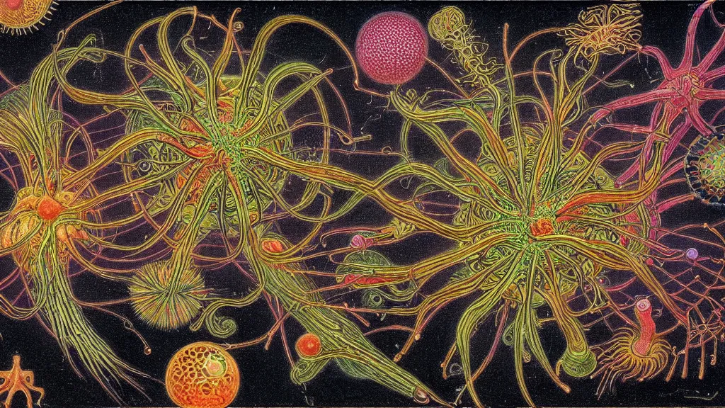 Image similar to quantum connections represented as symbiotic organisms like cells playing around with colorful lights by ernst haeckel, smooth, sharp, dark