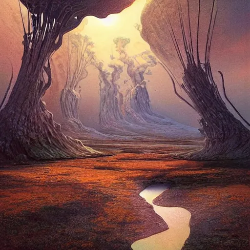 Image similar to artistic digital artwork of an epic natural scene on an alien planet. beautiful landscape by vincent bons, michael whelan, remedios varo and gerardo dottori. grainy and rough. interesting pastel colour palette. beautiful light. oil and water colour based on high quality render.