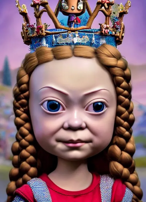 Image similar to highly detailed closeup, face profile portrait of greta thunberg as a tin toy fairytale princess wearing a crown eating cakes, bikini, unreal engine, nicoletta ceccoli, mark ryden, earl norem, lostfish, global illumination, detailed and intricate environment