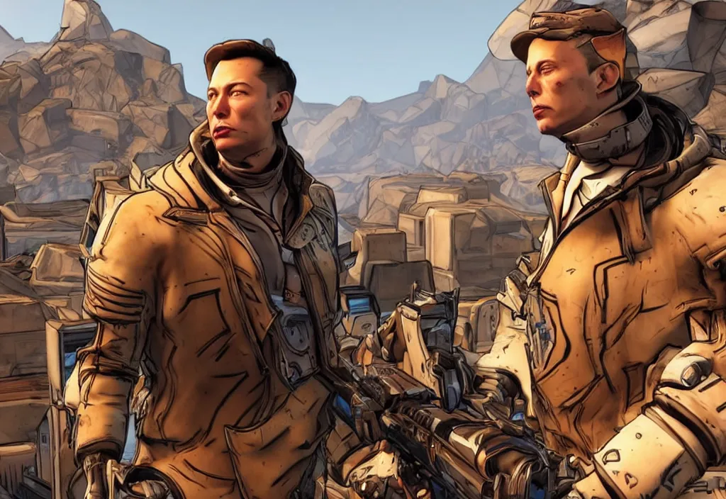 Image similar to elon musk in borderlands elon musk in the video game borderlands, gameplay screenshot, close up, 3 d rendering. unreal engine. amazing likeness. very detailed.