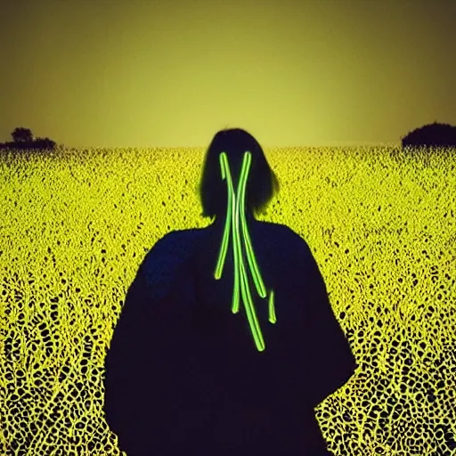 Image similar to a woman standing on steps in a field at night, a hologram by kusama, instagram, optical illusion, full body, ultra hd, neon