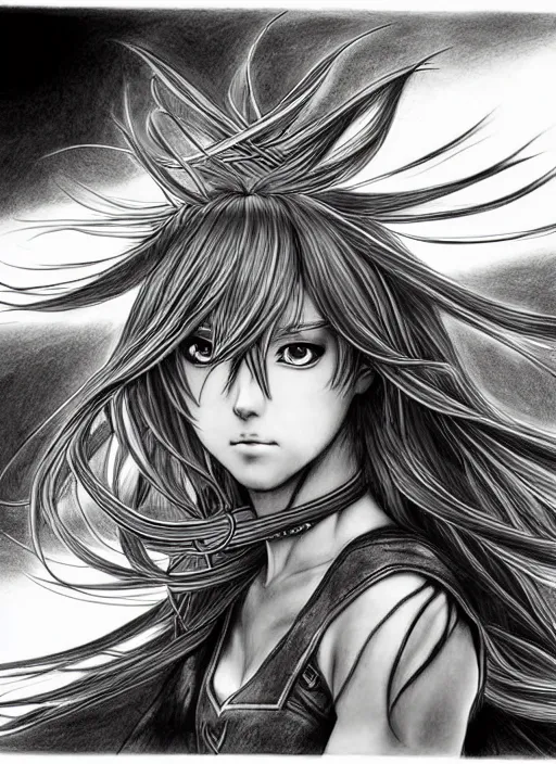 Prompt: hyper - realistic line art pencil drawing of a fantasy warrior anime woman withwith long hair twirling, very exaggerated fisheye perspective, art by shinichi sakamoto