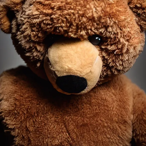 Image similar to ( the face of kanye west ) wearing teddy bear costume at 4 0 years old, portrait by julia cameron, chiaroscuro lighting, shallow depth of field, 8 0 mm, f 1. 8