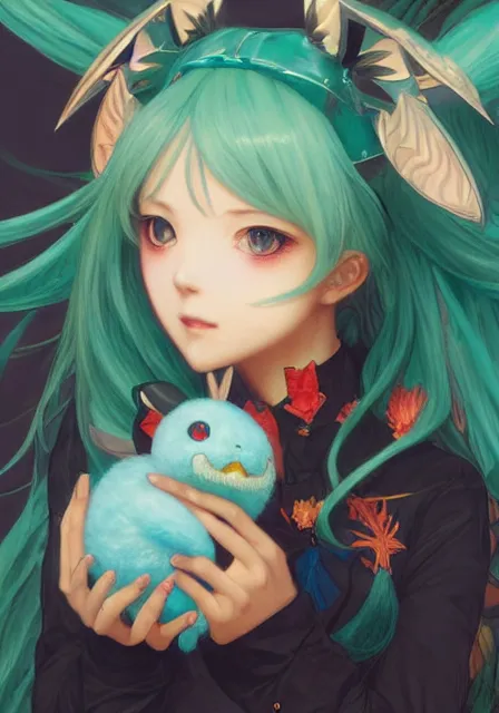Prompt: hatsune miku holding pikachu, intricate, elegant, highly detailed, digital painting, artstation, concept art, smooth, sharp focus, illustration, art by artgerm and greg rutkowski and alphonse mucha and william - adolphe bouguereau