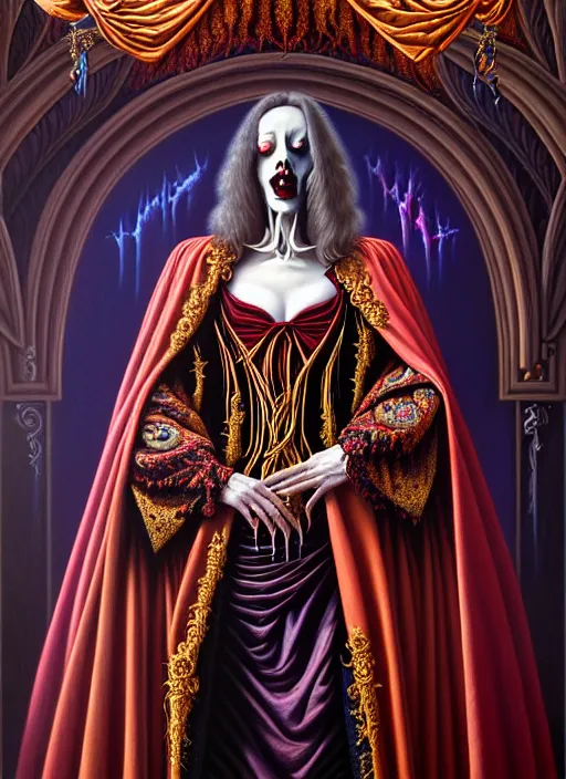 Prompt: beautiful oil painting, full length portrait of vampire!!!!! dauphinois in baroque coronation robes 1 7 0 1, blood, dan mumford, dan mumford, alex grey, hyacinthe rigaurd, highly detailed, lsd visuals, dmt fractal patterns, visionary art, psychedelic art, ornate, vaporwave, baroque, greg rutkowski