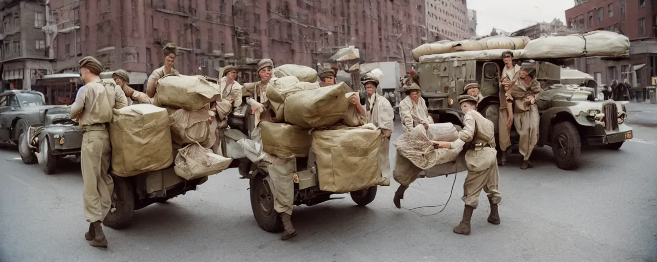 Image similar to transporting spaghetti, world war 2, u. s. army, canon 5 0 mm, kodachrome, in the style of wes anderson, retro