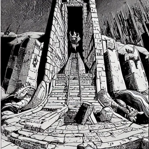 Prompt: precisely drawn illustration of a giant's tomb, wide angle, sharp, fine details, french comic style, vibrant realistic colors, full color, heroic fantasy, intense line art, 8 k, precise linework, realistic, in the style of heavy metal comics and richard corben and moebius