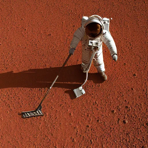 Image similar to closeup portrait of an astronaut with a broom sweeping on mars, natural light, photography, world press photo