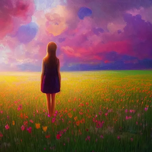 Image similar to girl with a singular flower for a head, surreal photography, dream, standing in flower field, magical, in a valley, sunrise dramatic light, impressionist painting, colorful clouds, artstation, simon stalenhag, flower face