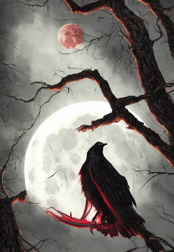 Prompt: magical atmosphere, style by eddie mendoza, raphael lacoste, alex ross, red black white golden colors, book cover, crow on a tree in front of a full big moon, dramatic lighting, cinematic, realistic establishing shot, extremely high detail, photo-realistic, cinematic lighting, digital restoration, very sharp, high quality, high details, ISO 50, realistic, Artgerm, post processed, realistic concept art, artstation, realistic matte painting