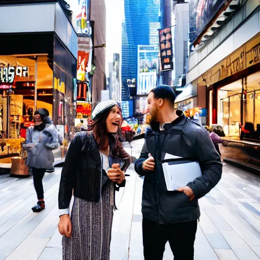 Prompt: <photo hd dslr location='New York City'>Two people in front of a store</photo>