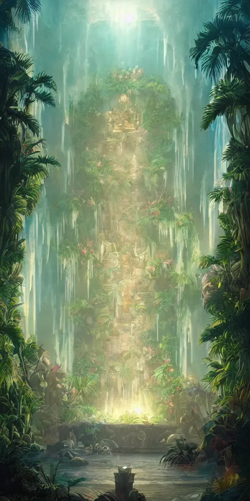 Prompt: detailed interior of a vaporwave pool, waterfall walls, palm vegetation, light shafts, the glowing throne, stunning atmosphere, in style of peter mohrbacher, cinematic lighting