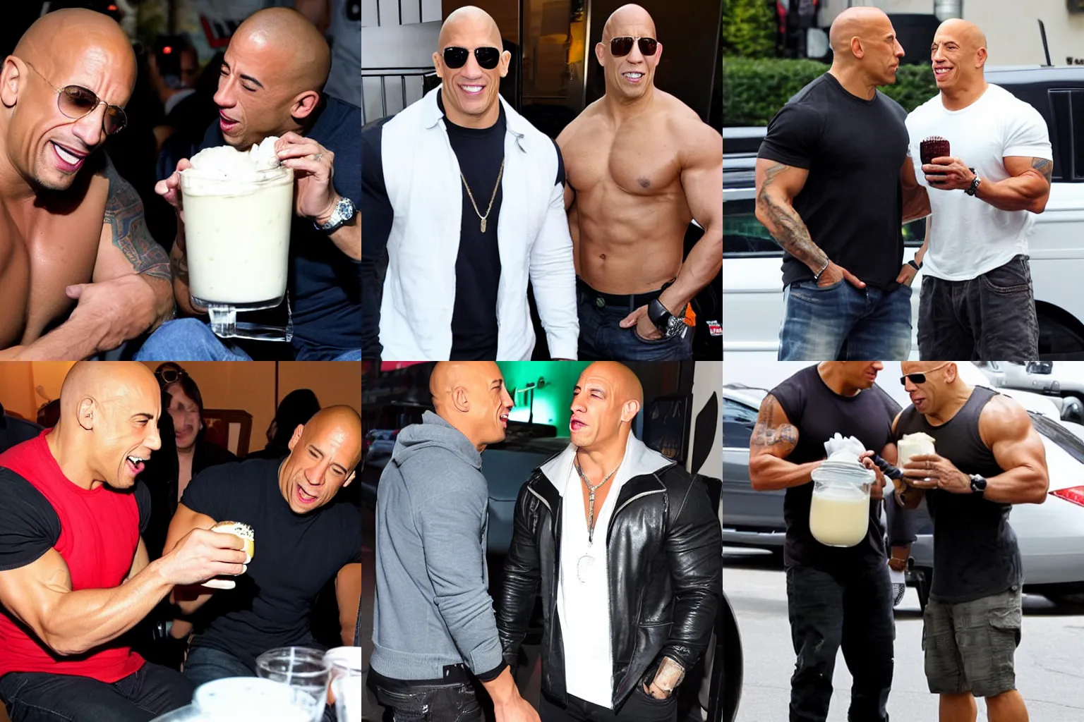 Prompt: paparazzi shot of The Rock and Vin Diesel sharing a milkshake