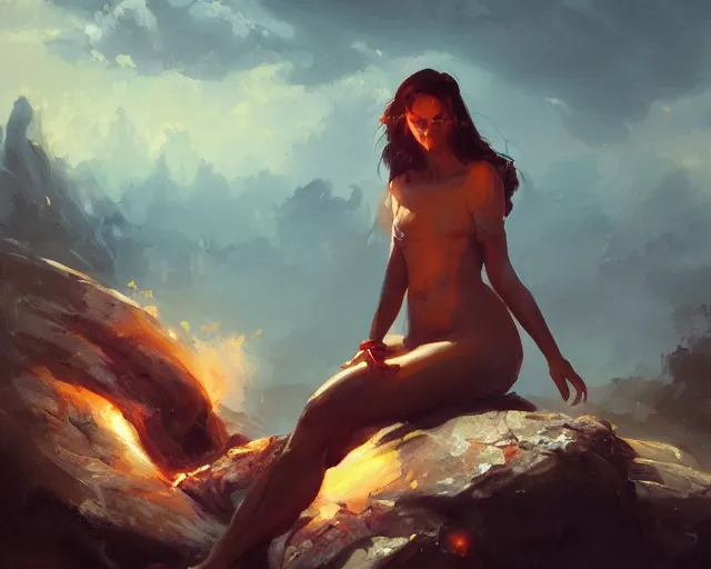 Image similar to a beautiful mage woman sitting on a rock watching explosions, expressive oil painting, fiery explosions, by greg rutkowski, by wlop, trending on artstation, beautiful body and face, vivid composition