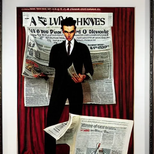 Prompt: a thin vampire wearing a suit reads a newspaper in the living room, painted by norman rockwell and tom lovell and frank schoonover