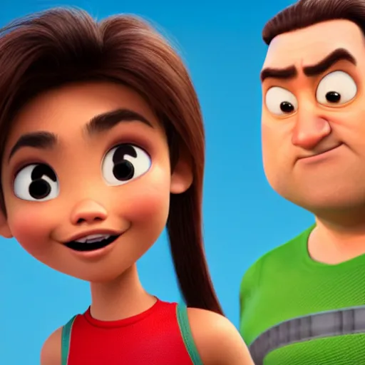 Prompt: young beautiful athletic Filipino woman with long hair and a handsome caucasian athletic man with buzzed hair, high widows peak, 5 o'clock shadow, both depicted as Pixar characters, high quality cg render