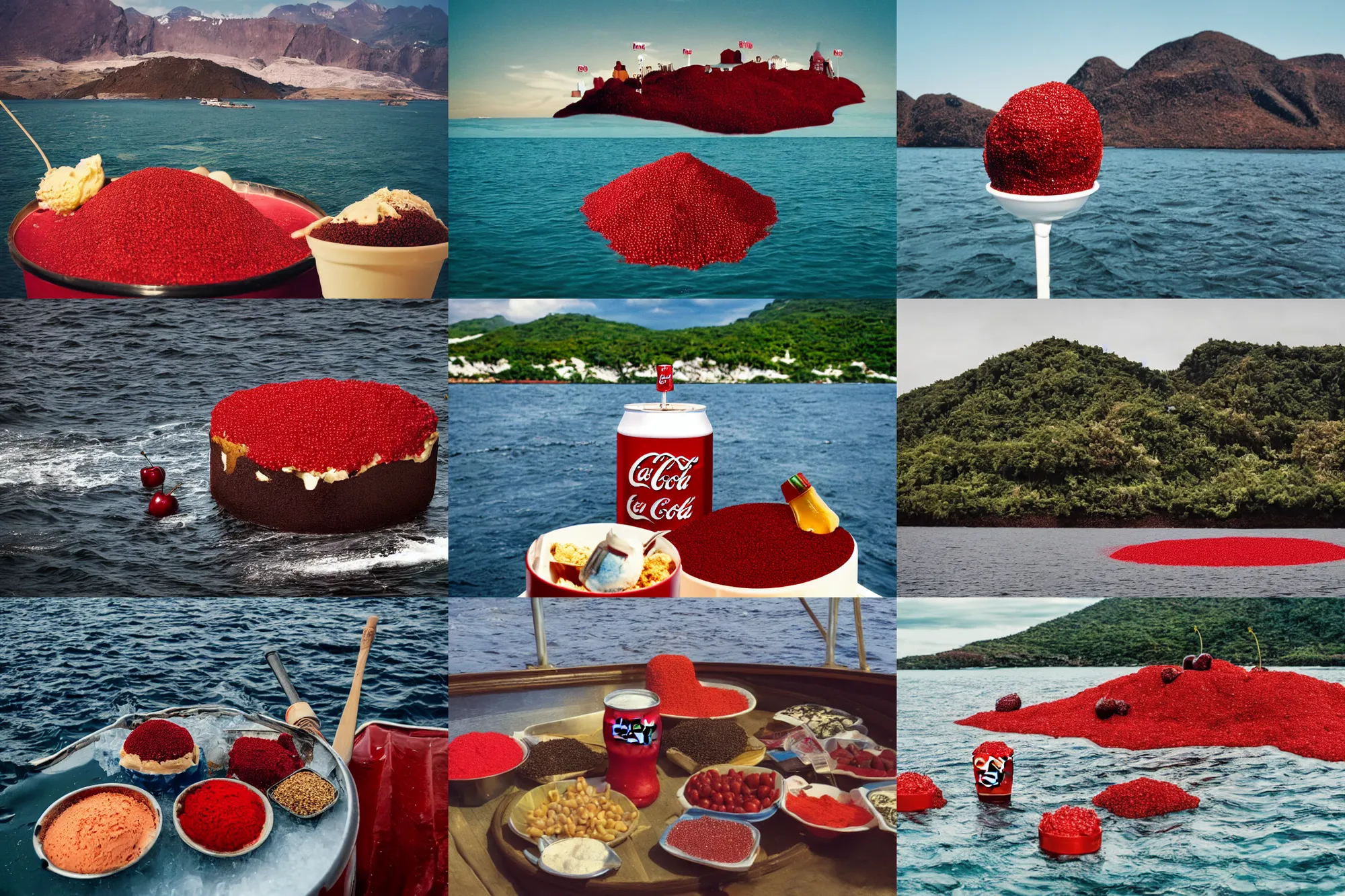 Image similar to an island made of food, around the island instead of water coca - cola ( dark brown ), instead of sand red caviar, instead of mountains ice cream with cherries, photo taken from a boat, 3 5 mm, cinematic