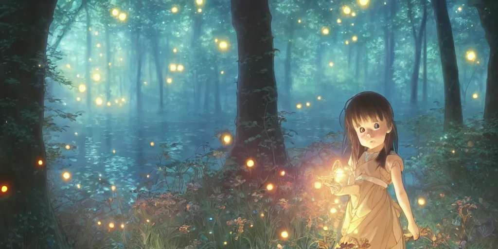 Image similar to small girl and the fireflies, by the pond in a forest, night sky. anime, fantasy, smooth. digital painting, by hayao miyazaki and rossdraws and artgerm and detmold and greg rutkowski and alphonse mucha. artstation. beautiful, high quality, stunning, intricate detailed environment. 8 k