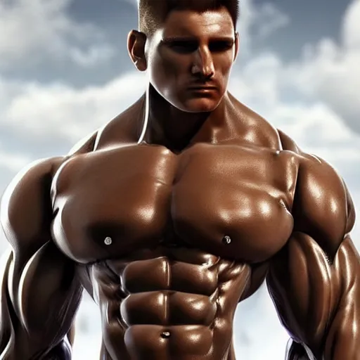 Image similar to a realistic detailed photo of a bodybuilder who is also a male android Chris Redfield, shiny skin, posing robotically, blank stare