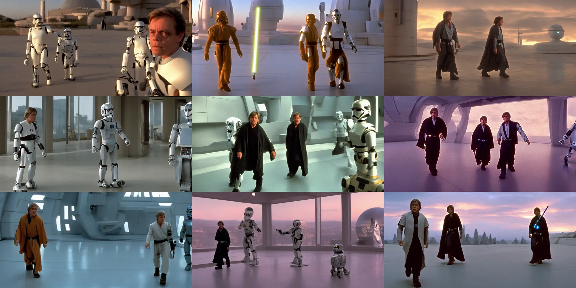 Prompt: A full color still of clean shaven Mark Hamill as Jedi Master Luke Skywalker walking with a humanoid robot, there are large windows showing a sci-fi city outside, at dusk, at golden hour, from The Phantom Menace, directed by Steven Spielberg, 1999