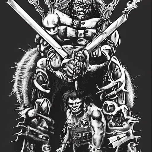 Image similar to Heavy metal Ork, Orkboy, Ork, 80s metal, mohawk, shaggy hair, New Wave of British Heavy Metal, Frank Frazetta, pulp art, illustration