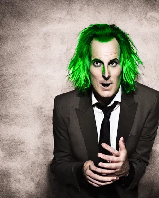 Image similar to Will Arnett as Beetlejuice, green hair, cinematic lighting, 4k photograph